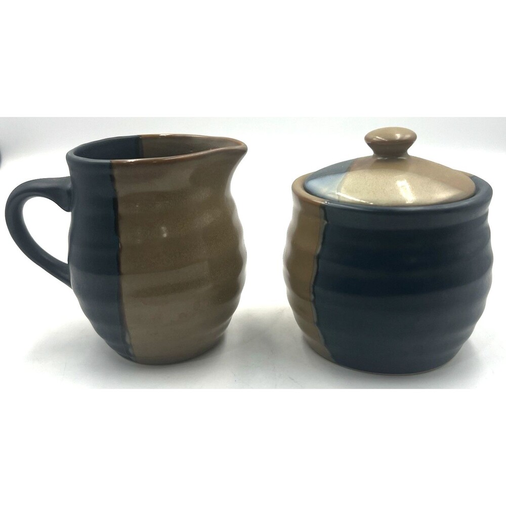 Creamer & Sugar Bowl Set Sango Gold Dust Blue 5041 Stoneware with Lid